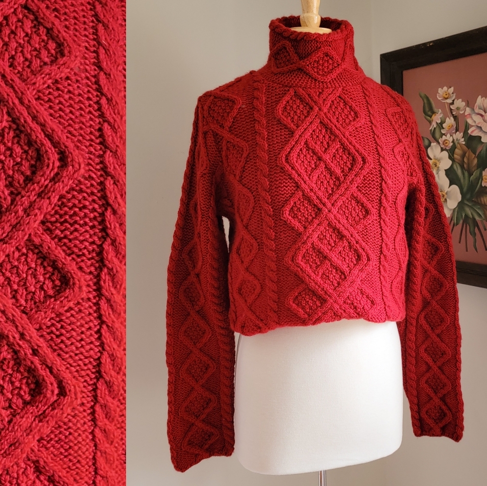 90s Red Wool Chunky Cable Knit Turtleneck 1990s Monochrome Vintage Sweater